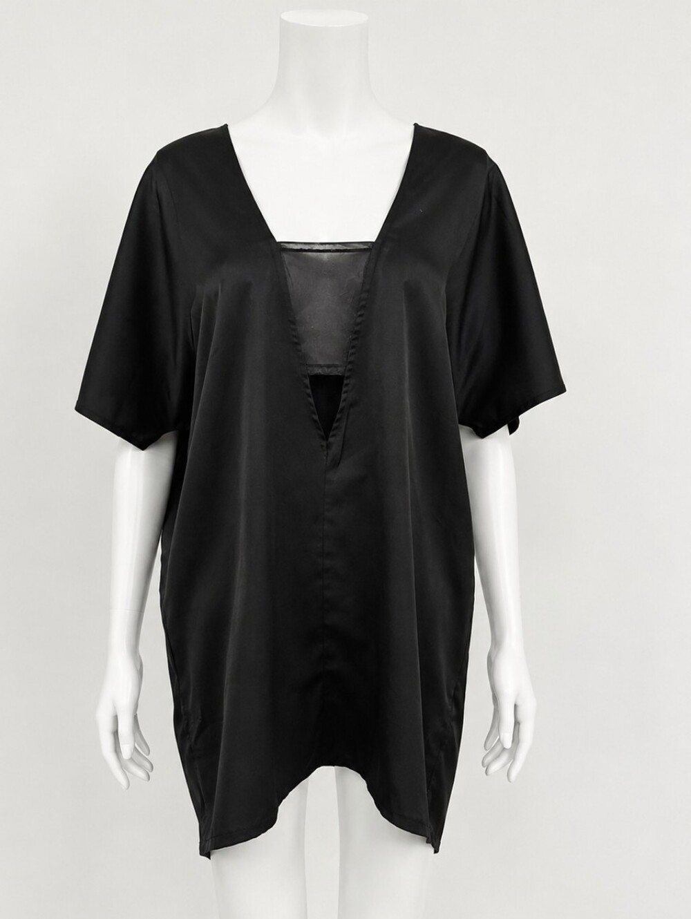 Missguided Black V-Neck Sheer Mesh Detail Oversized Tunic Top Size 14